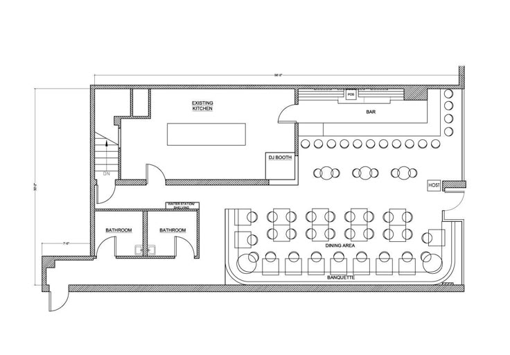 A restaurant floor plan marked up with exits, an evacuation route, an assembly point, a safer area and a crowd pinch-point.